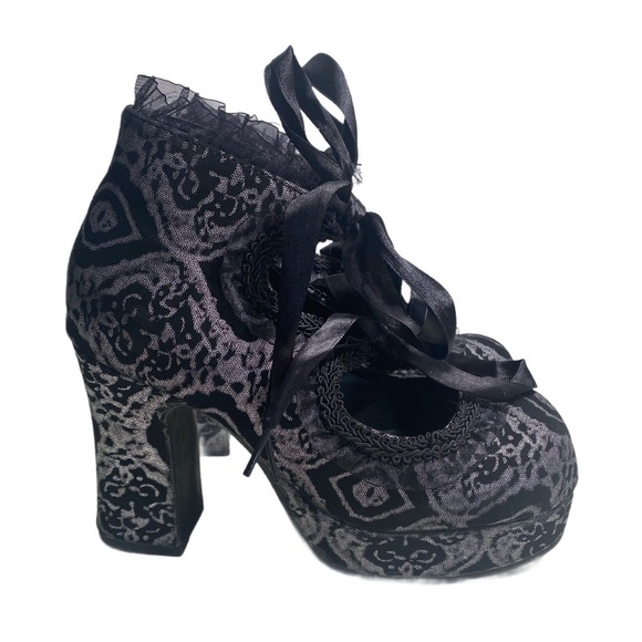 GOTHIKA-53 BLACK & SILVER NUBUCK MARY JANE HEELS Goth Vampire Whimsygoth Punk 7 - Picture 5 of 11